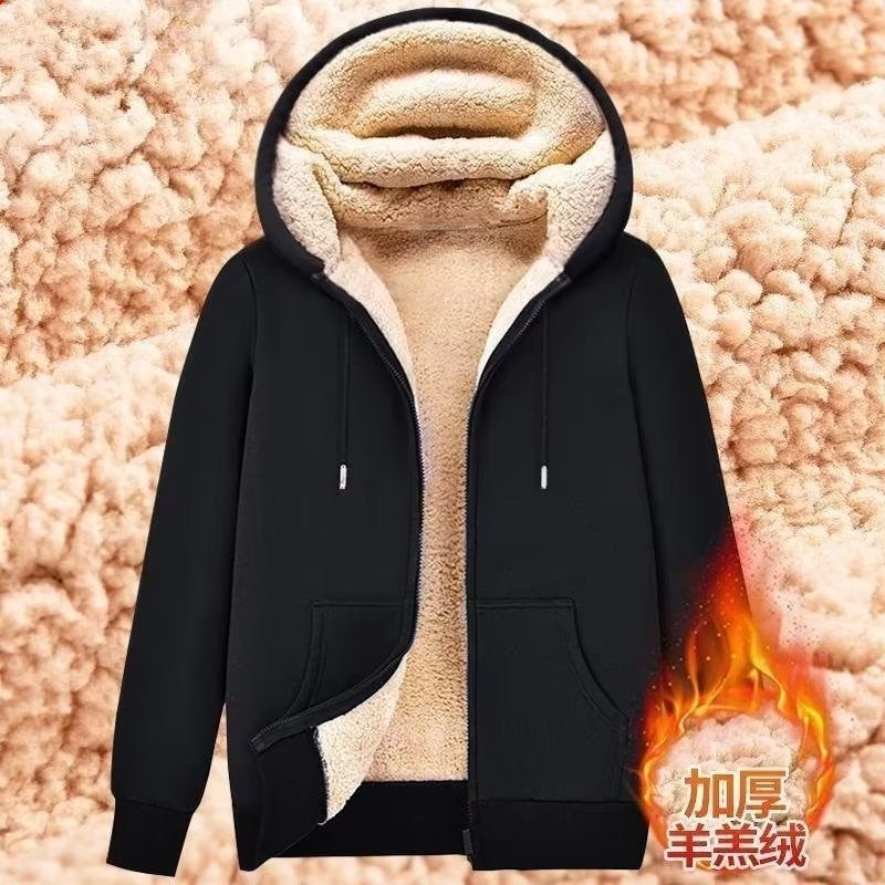 Zipper Sweatshirt Men'S 2025 Style Thickeneded And Velvet Loose Korean Style Pure Color Lamb Wool Hooded Jacket Top - Image 2